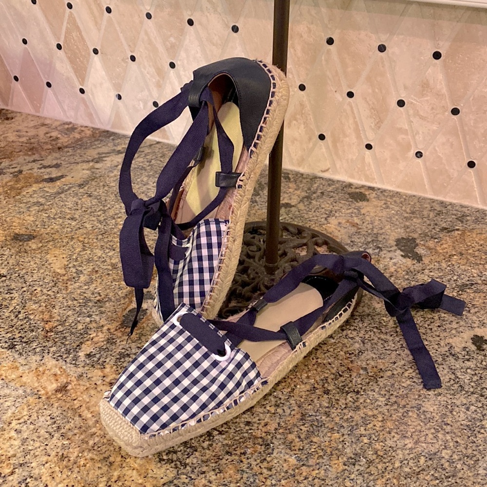 Zara gingham Navy and white espadrille sandals.  39